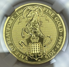 Золотая монета Великобритании 100 фунтов "Йель Бофорта" 2019 года 31,1 г. в слабе ННР MS 70